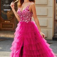Luxurious A-line spaghetti strap fuchsia long ball gown with applique ruffles - Thumbnail 3
