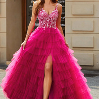 Luxurious A-line spaghetti strap fuchsia long ball gown with applique ruffles - Thumbnail 4
