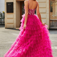 Luxurious A-line spaghetti strap fuchsia long ball gown with applique ruffles - Thumbnail 5