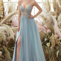 Light Blue Beaded V-Neck Tulle Spaghetti Strap Ball Gown - Thumbnail 1
