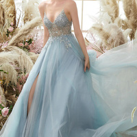 Light Blue Beaded V-Neck Tulle Spaghetti Strap Ball Gown - Thumbnail 3