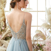 Light Blue Beaded V-Neck Tulle Spaghetti Strap Ball Gown - Thumbnail 4