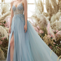 Light Blue Beaded V-Neck Tulle Spaghetti Strap Ball Gown - Thumbnail 9