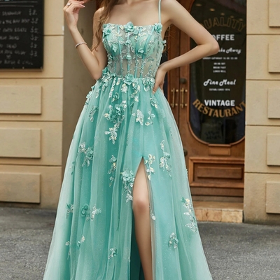 A-line green tulle bodycon appliques prom gown party dress