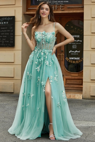 A-line Green Tulle Bodycon Appliques Prom Gown Party Dress