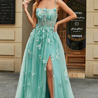 A-line Green Tulle Bodycon Appliques Prom Gown Party Dress - Thumbnail 1
