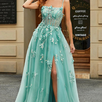 A-line Green Tulle Bodycon Appliques Prom Gown Party Dress - Thumbnail 3