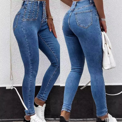 Fashion bead button tight jeans