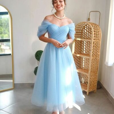 Sky blue mother of bride/ groom dress simple tea-length evening formal gowns prom dress