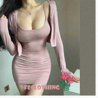 Temperament package hip dress + thin hooded cardigan two-piece set - Thumbnail 1