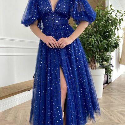 Royal blue mother of bride/ groom dress simple sparkle dots evening formal gowns prom dress