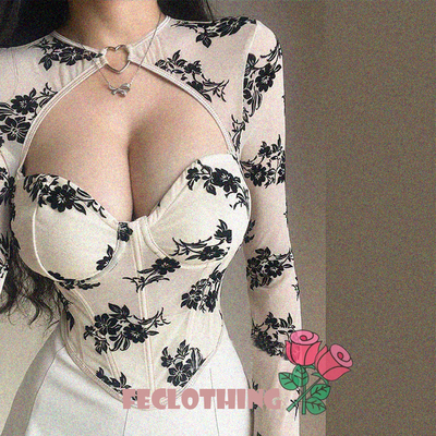 Hollow sexy low-cut long-sleeved t-shirt with heart decoration underwired fishbone top - Thumbnail 5