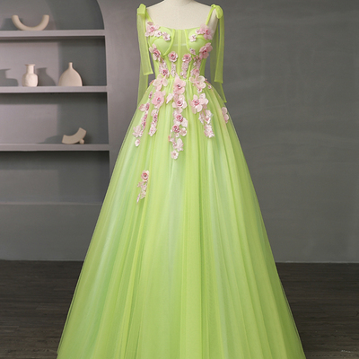 Green tulle flowers long prom dress, beautiful a-line evening party dress