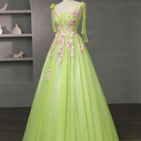 Green Tulle Flowers Long Prom Dress, Beautiful A-Line Evening Party Dress - Thumbnail 1