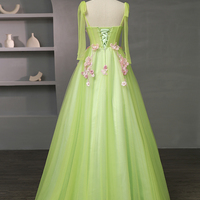 Green Tulle Flowers Long Prom Dress, Beautiful A-Line Evening Party Dress - Thumbnail 2