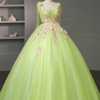Green Tulle Flowers Long Prom Dress, Beautiful A-Line Evening Party Dress - Thumbnail 4