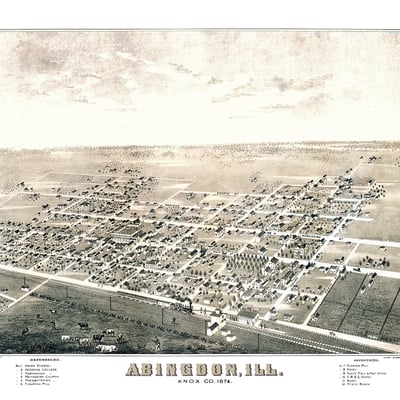 Abingdon, illinois in 1874 - bird's eye view, map, aerial, panorama, vintage, antique, reproduction, giclée, fine art, wall art, history