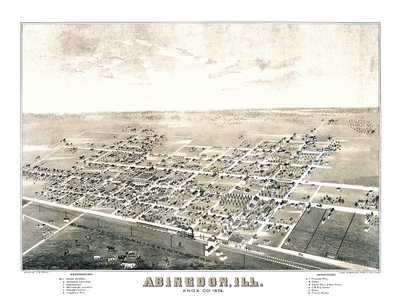 Abingdon, Illinois in 1874 - Bird's Eye View, Map, Aerial, Panorama, Vintage, Antique, Reproduction, Giclée, Fine Art, Wall Art, History