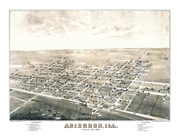 Abingdon, Illinois in 1874 - Bird's Eye View, Map, Aerial, Panorama, Vintage, Antique, Reproduction, Giclée, Fine Art, Wall Art, History