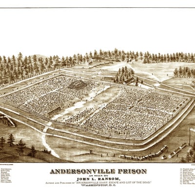 Andersonville prison, ga - created 1882 - bird's eye view map, aerial, panorama, vintage, antique, reproduction, giclée, framable, fine art