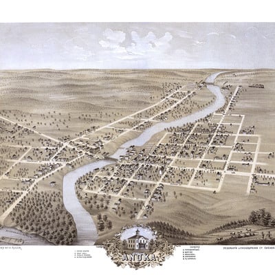 Anoka, minnesota in 1869 - bird's eye view map, aerial map, panorama, vintage map, antique map, reproduction, giclée, fine art, wall art