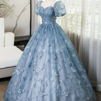 Blue Tulle Short Sleeve Long Prom Dress with Butterfly Lace - Thumbnail 1