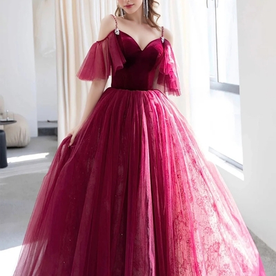 Burgundy a-line spaghetti strap velvet and tulle long prom dress, v-neck formal evening dress