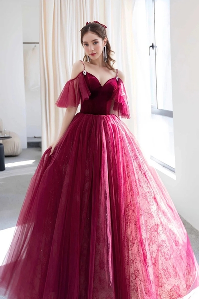 Burgundy A-Line Spaghetti Strap Velvet and Tulle Long Prom Dress, V-Neck Formal Evening Dress