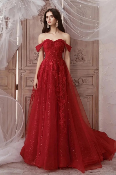 A Line High Low Beaded Burgundy Tulle Long Prom Dresses, High Low Burgundy Homecoming Dresse