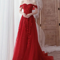 A Line High Low Beaded Burgundy Tulle Long Prom Dresses, High Low Burgundy Homecoming Dresse - Thumbnail 1