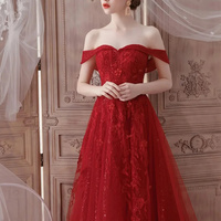 A Line High Low Beaded Burgundy Tulle Long Prom Dresses, High Low Burgundy Homecoming Dresse - Thumbnail 2