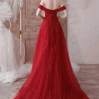 A Line High Low Beaded Burgundy Tulle Long Prom Dresses, High Low Burgundy Homecoming Dresse - Thumbnail 3