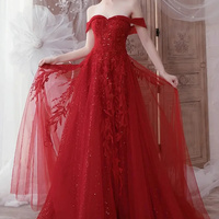 A Line High Low Beaded Burgundy Tulle Long Prom Dresses, High Low Burgundy Homecoming Dresse - Thumbnail 4