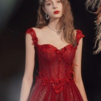 Burgundy A line tulle long prom dress, burgundy evening dress - Thumbnail 1