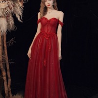 Burgundy A line tulle long prom dress, burgundy evening dress - Thumbnail 2