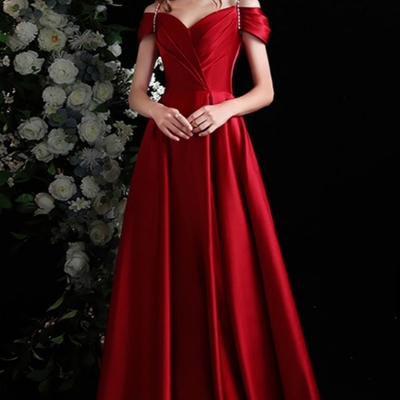 Burgundy pleated satin evening prom dress with beaded straps