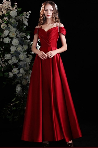 Burgundy Pleated Satin Evening Prom Dress with Beaded Straps