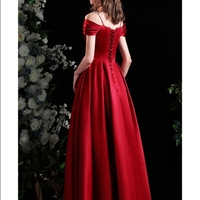 Burgundy Pleated Satin Evening Prom Dress with Beaded Straps - Thumbnail 1