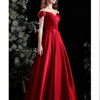Burgundy Pleated Satin Evening Prom Dress with Beaded Straps - Thumbnail 2
