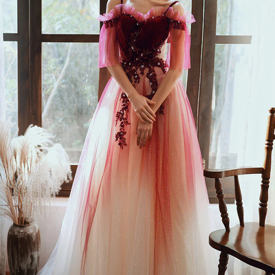 Red velvet and tulle gradient long formal gown,a-line tulle with lace prom dresses