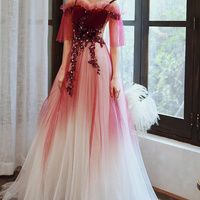 Red Velvet and Tulle Gradient Long Formal Gown,A-line Tulle with Lace Prom Dresses - Thumbnail 3