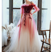 Red Velvet and Tulle Gradient Long Formal Gown,A-line Tulle with Lace Prom Dresses - Thumbnail 4