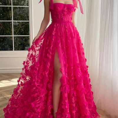  a-line/princess spaghetti straps long prom floral dresses prom dress