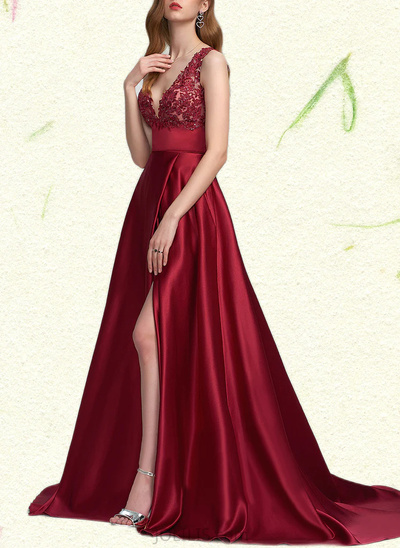 V-Neck Sweep Train Lace Satin Prom Dresses