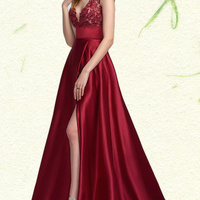 V-Neck Sweep Train Lace Satin Prom Dresses - Thumbnail 1