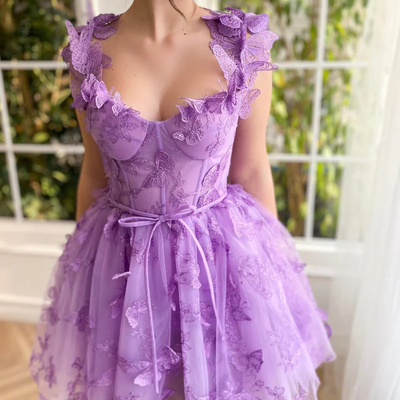 Aline short tulle prom dress with 3d butterflies