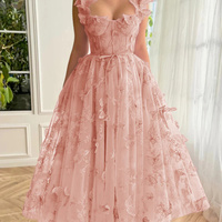 Aline Tulle Midi Prom Dress with 3D Butterflies - Thumbnail 7