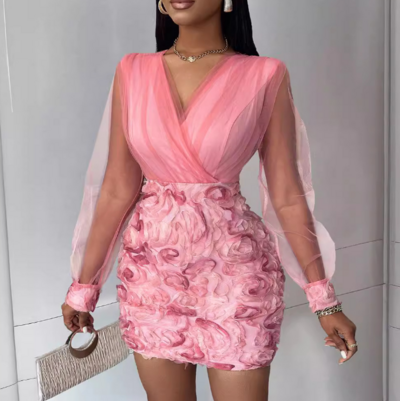 Elegant V-Neck Pink Mesh Splicing Dress