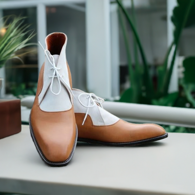 White and Brown Dress Boots for Men's Designer Boots Leather Ankle Boots