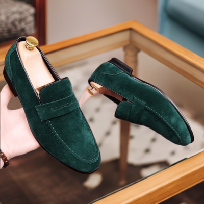 Men's Green Suede Shoes Leather Slip on Penny Loafers, Men's Green Dress Shoes